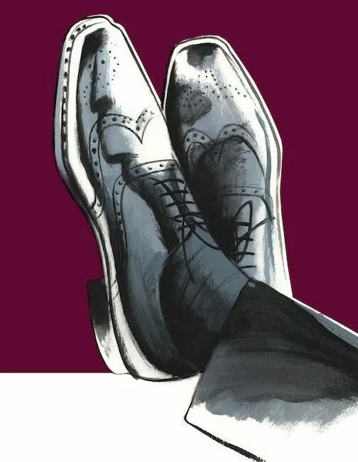 Oxfords fleuris noirs portés jambes croisées, illustration